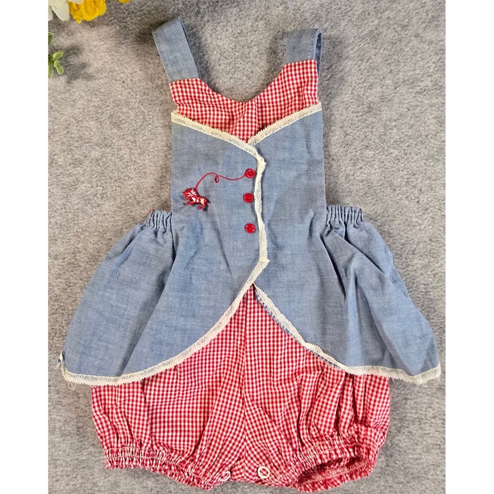 Penneys Bubble Romper 3m Toddletime Red Blue Gingham Horse Romper 70s Vintage